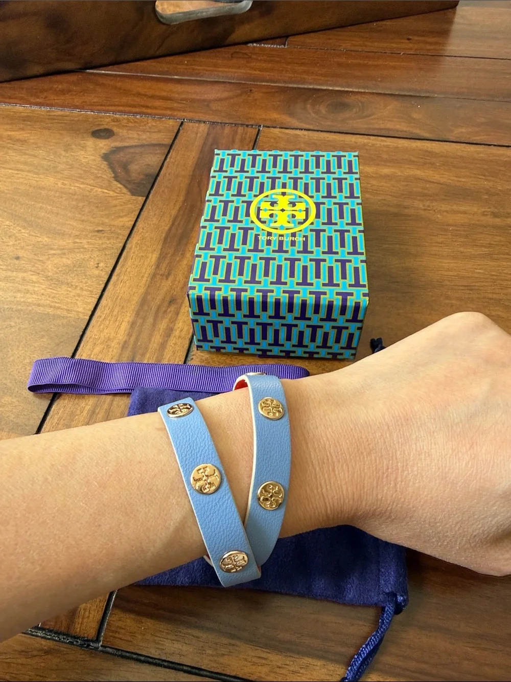 Tory Burch Reversible Double Wrap Leather Logo Stud Bracelet Orange Blue w/ Box